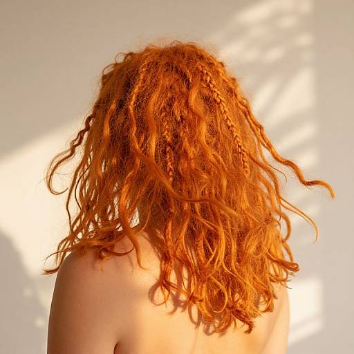 Photograph of a person with vibrant, wavy red hair facing away, sunlight casting soft shadows on a plain white background.