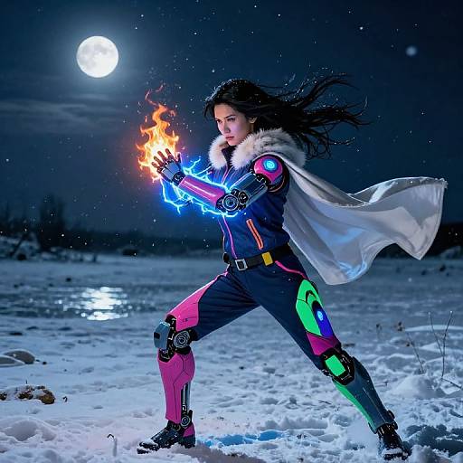 Photorealistic digital artwork: Cybernetic woman with glowing blue and orange energy, flowing white cape, and colorful suit, conjures fire under a
