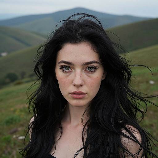 Photograph of a pale-skinned, blue-eyed woman with long, wild black hair, freckles, and full lips, standing in a green