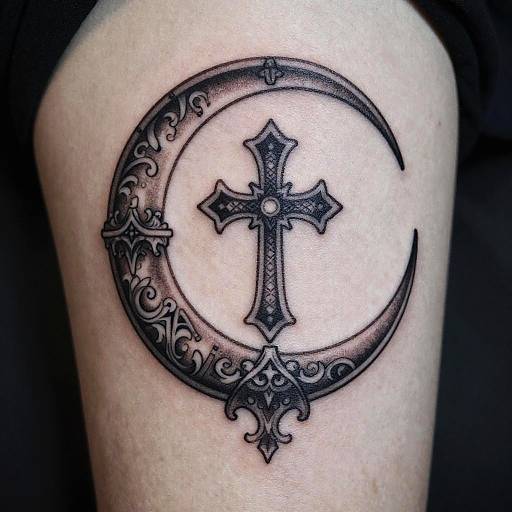 Black tattoo of an ornate cross centered within an intricately patterned crescent moon on a pale human forearm.