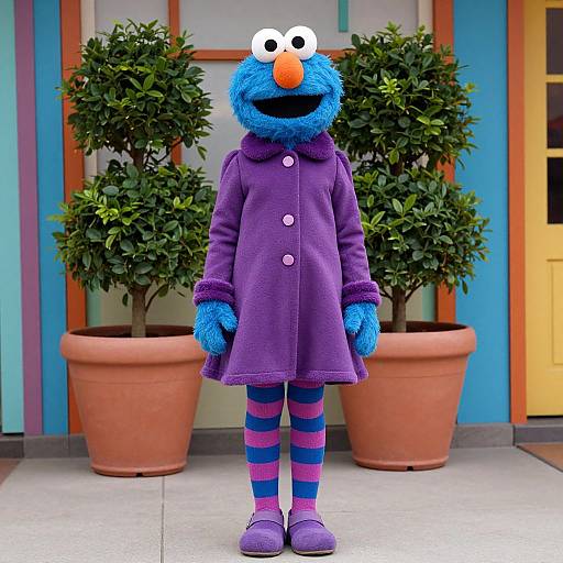 Photograph of blue Sesame Street character Elmo in a purple coat, striped purple and pink leggings, and purple shoes, standing in front of p