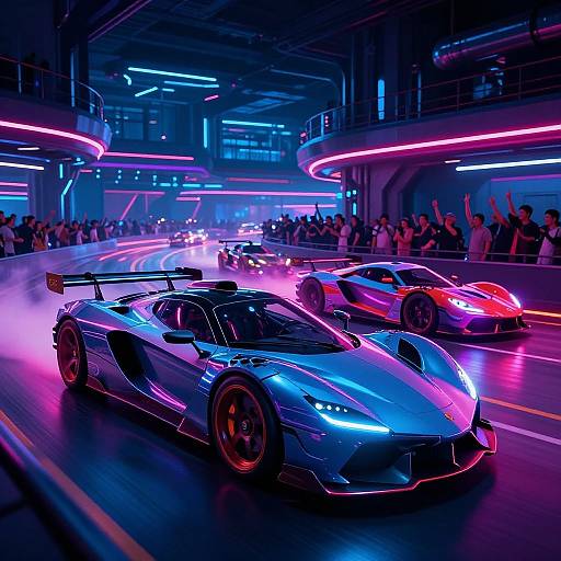 Neon-lit indoor racing track with two high-tech, glowing blue and pink sports cars speeding, surrounded by cheering spectators under vibrant, futuristic lights.