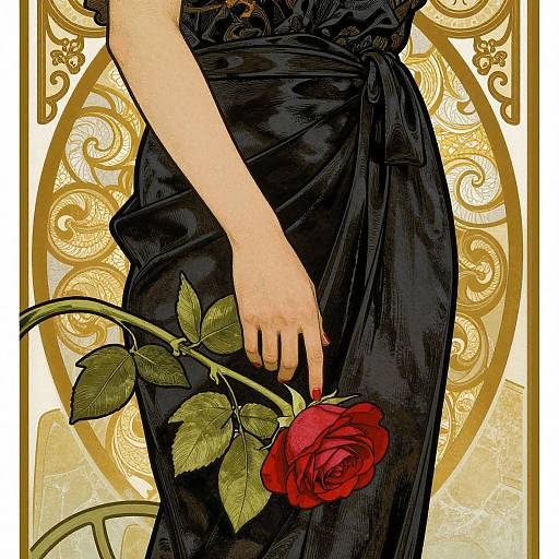 Digital art of a woman's hand holding a red rose against a gold ornate background, wearing a black satin dress.