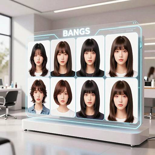 Photorealistic CGI image of a digital display showcasing six identical East Asian women with straight black hair and bangs, each in different expressions, labeled 