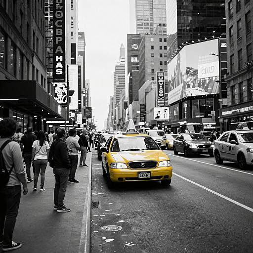 Photograph of a bustling New York City street with a yellow taxi in the foreground, surrounded by pedestrians and tall buildings. Monochromatic background highlights the