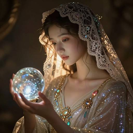 Photorealistic digital artwork of a fair-skinned woman with dark hair, lace veil, and sparkling gown, gently holding a glowing crystal ball.