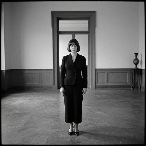 Black-and-white photograph of a serious woman with short black bob haircut, wearing a dark suit and black shoes, standing in a spacious, empty room with