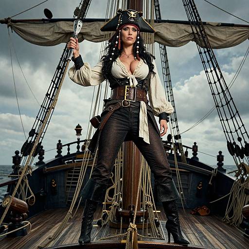 Photograph of a fierce, busty pirate woman with black hair, white blouse, black corset, and pants, standing on a ship's deck under