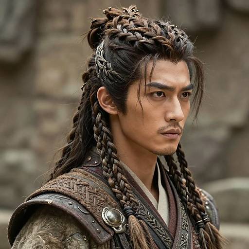 Photorealistic CGI of a serious, dark-haired Asian man with braided hair and intricate, medieval armor, set against a stone background.