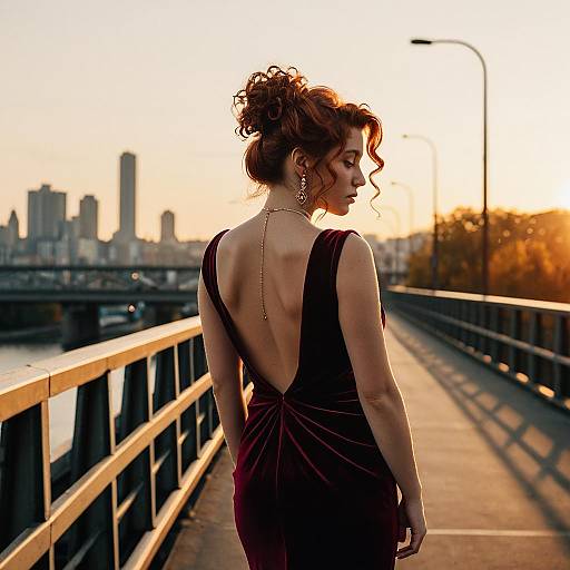 Photograph of a redheaded woman with an updo, wearing a deep backless maroon dress, standing on a sunlit bridge, city skyline