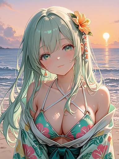 Anime Girl in Tropical Beachwear at Sunset