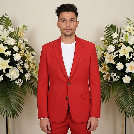 Photograph of a handsome man with short black hair in a bright red suit, white shirt, standing between two floral arrangements.
