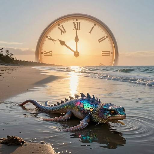 Photograph of a colorful, iridescent lizard in shallow water on a beach at sunset, with a giant clock face in the background.