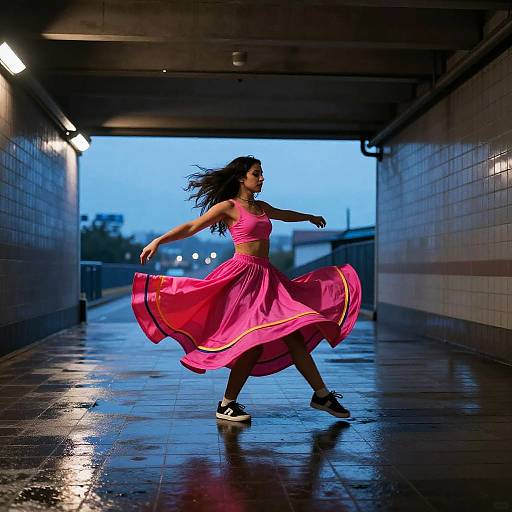 Female Breakdancer Spinning in Neon-lit Subway Tunnel