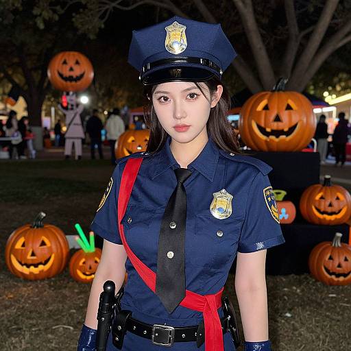 Asian woman in navy police uniform with black tie and red strap, Halloween night, standing in front of carved pumpkins.