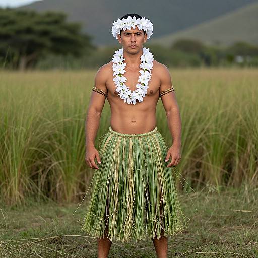Man in Grass Skirt Hawaiian Costume