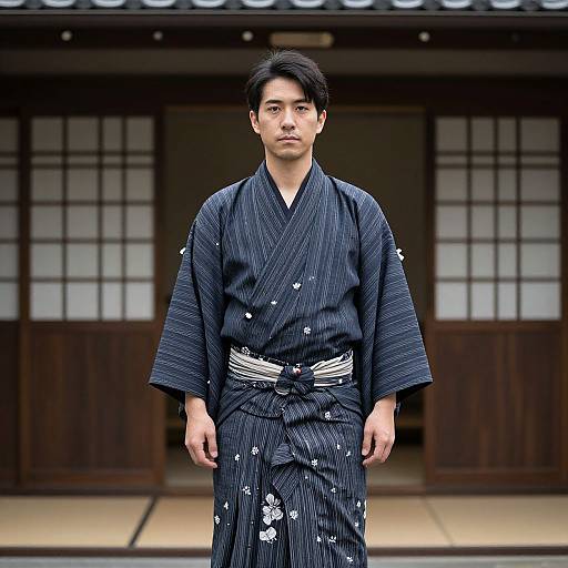 Photograph of a young Japanese man in a dark blue pinstriped kimono with white floral patterns, standing in front of a traditional wooden house