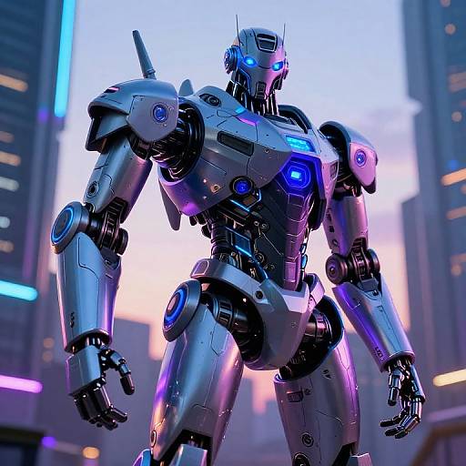 CGI image of a futuristic, silver robotic warrior with glowing blue accents, standing in a neon-lit urban cityscape at sunset.