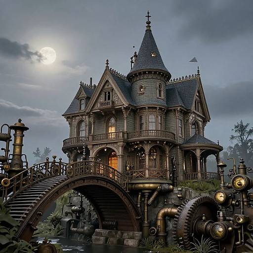 Steampunk-style, gothic mansion with intricate architecture, crowned towers, and warm lights, under a cloudy, moonlit night, with a decorative