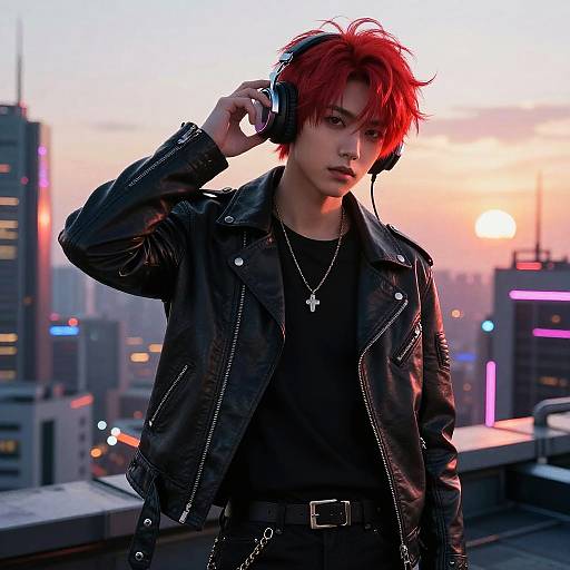 Photograph of a red-haired, Asian man wearing a black leather jacket, headphones, and cross necklace, standing on a rooftop at sunset with a city
