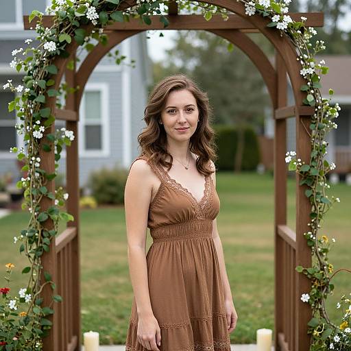 Photograph of a smiling woman with wavy brown hair, wearing a brown lace-trimmed dress, standing under a wooden arch adorned with white flowers