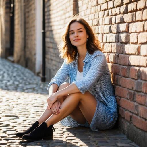 Young Woman Sitting on Cobblestone Street