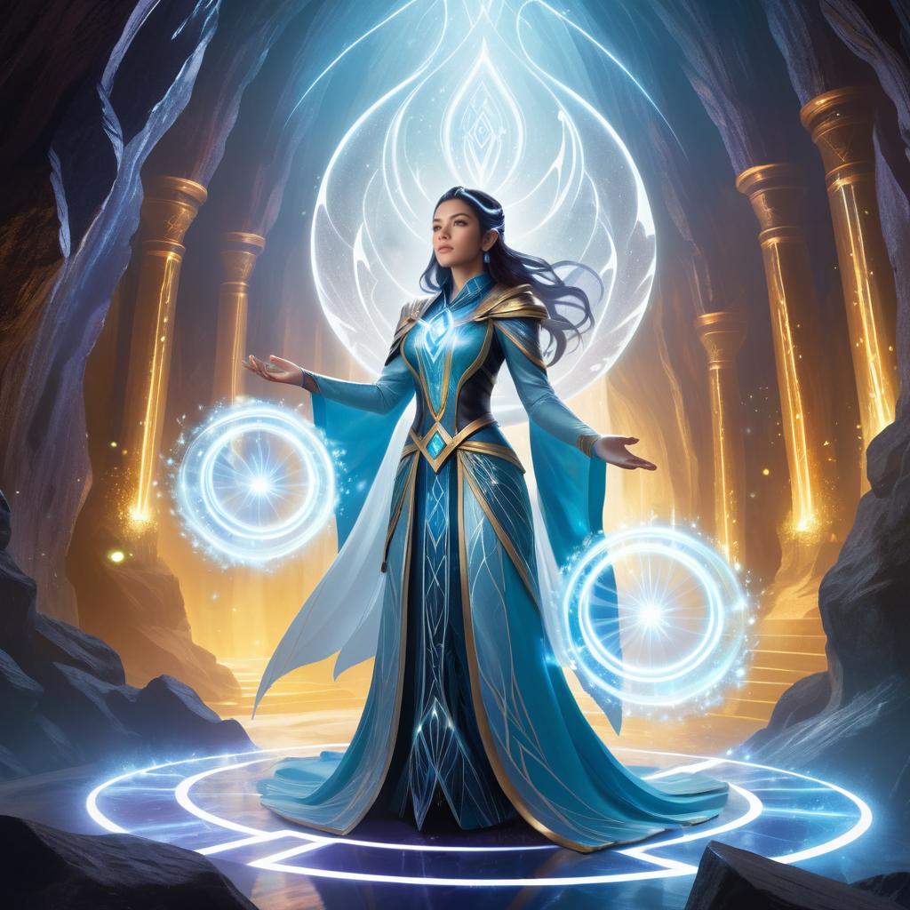 Mystical Sorceress in Ethereal Cave Scene