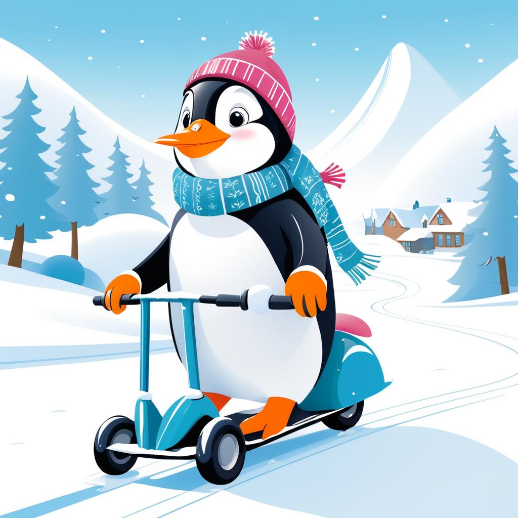 Penguin on Scooter in Snowy Fun