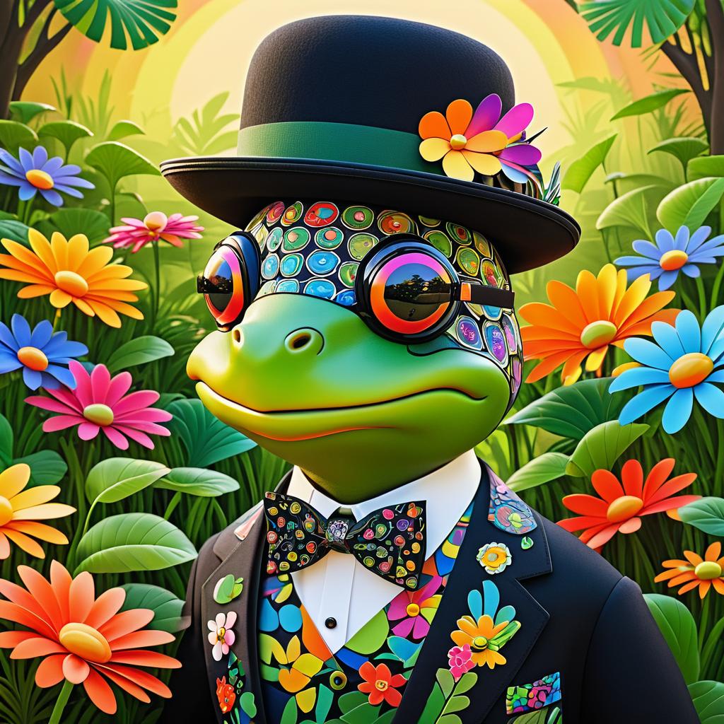 Turtle in Bowler Hat Garden Scene