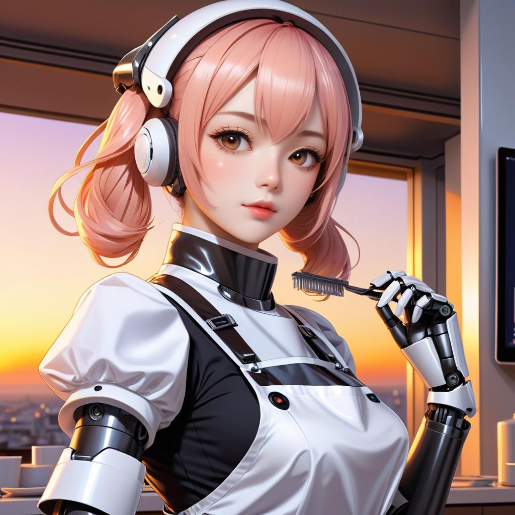 Playful Robot Maid in Sunset Glow