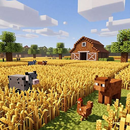 Pixel art of a vibrant farm scene with a wooden barn, golden wheat field, black and brown pixelated cows, and chickens, under a bright blue
