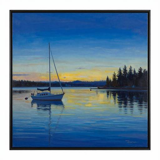 Photograph-style digital painting of a serene sunset over a calm lake, featuring a single anchored sailboat and silhouetted trees.