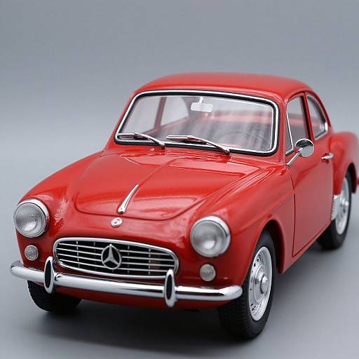 Photorealistic CGI of a bright red vintage Mercedes-Benz 300SL coupe, featuring classic chrome accents, round headlights, and a smooth, glossy finish