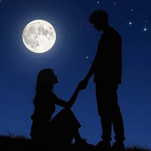 Silhouette of a couple holding hands under a bright full moon in a starry night sky. She kneels, he stands. Digital art.