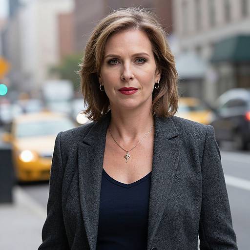 Photograph of a confident, middle-aged woman with shoulder-length brown hair, wearing a black blazer and top, standing on a bustling city street with
