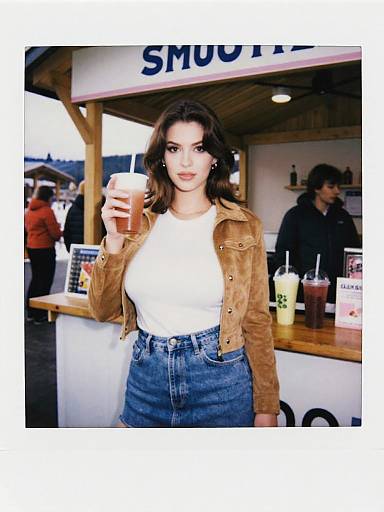 Photograph of a stylish young woman with wavy brown hair, wearing a white top, brown leather jacket, and blue high-waisted skirt,