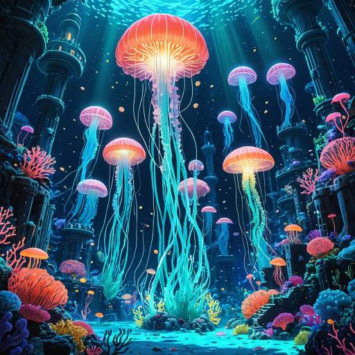 Bioluminescent Underwater City with Glowing Jellyfish Bioluminescent Underwater City with Glowing Jellyfish