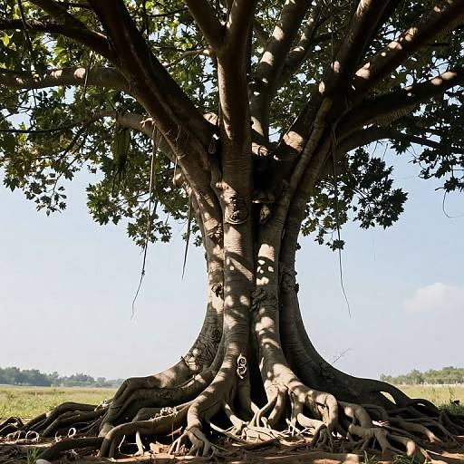 Photograph of a large, ancient tree with thick, twisting trunks and sprawling roots, shaded leaves, and a bright blue sky background. Sunlight