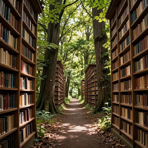 Photograph of a sunlit forest path flanked by tall, wooden bookshelves filled with books, with towering trees above.