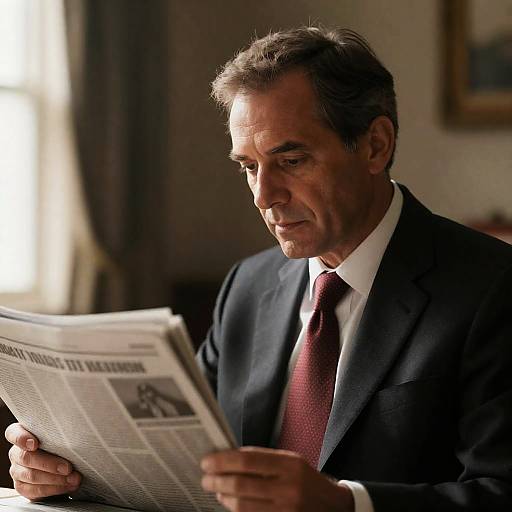 Focused Man Reading Newspaper in Suit