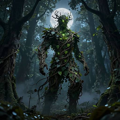 Digital fantasy artwork of a glowing-eyed, tree-like creature with tangled vines, standing in a dark, misty forest under a full moon.