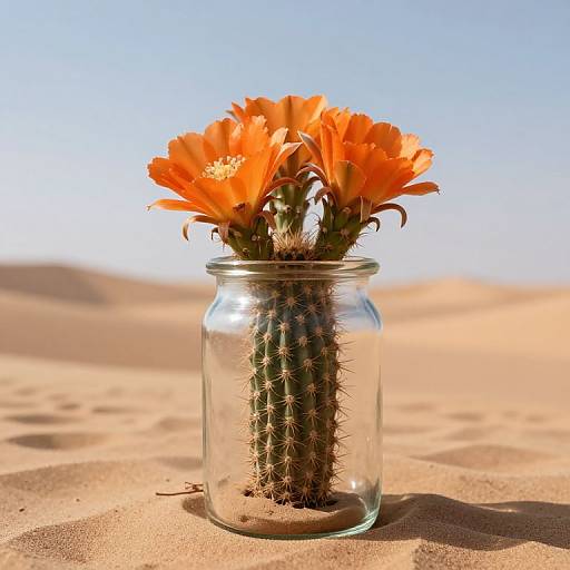Photograph of an orange desert flower blooming from a cactus in a clear glass jar on sunlit sand dunes.