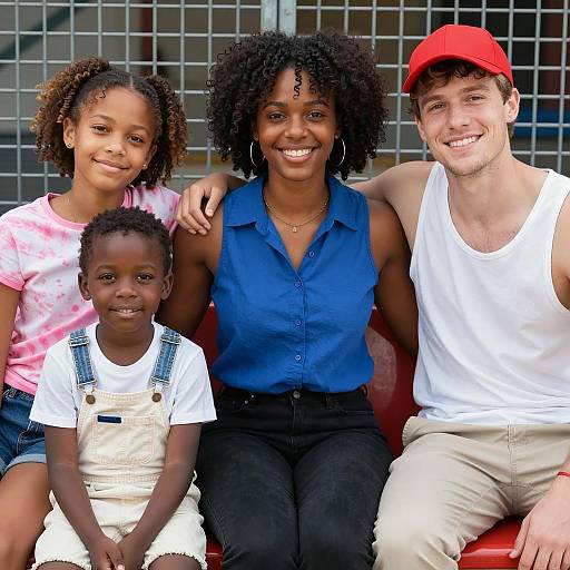 Happy Multiracial Group Sitting on Red Bench