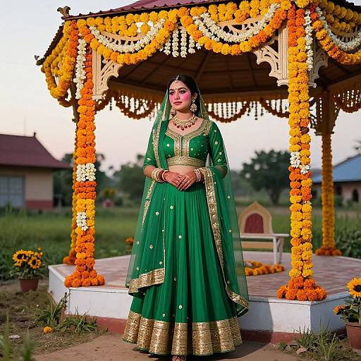 Photograph of a South Asian woman in a green saree with gold embroidery, standing under a floral-decorated gazebo at sunset.