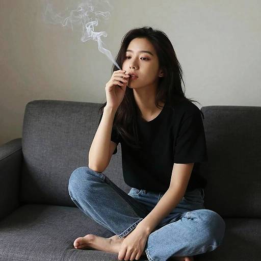 Photograph of an Asian woman with long black hair, wearing a black t-shirt and blue jeans, sitting cross-legged on a dark gray couch, smoking