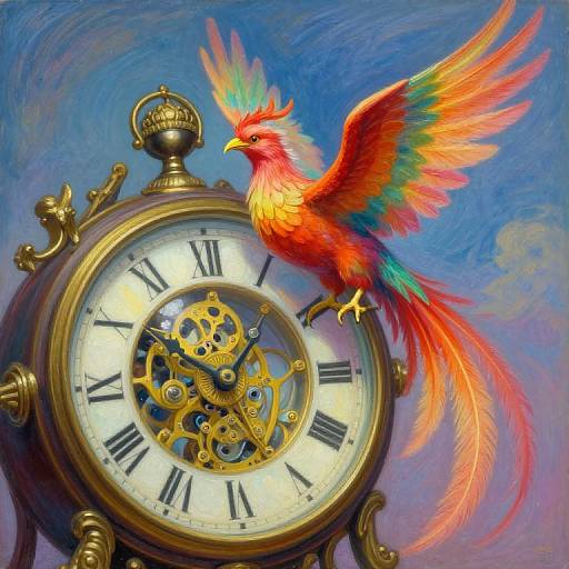 Vibrant digital painting of a colorful phoenix with rainbow feathers perched on an ornate, golden clock with exposed gears and Roman numerals, set