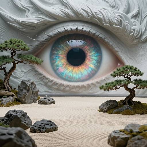 Digital artwork of a surreal landscape featuring a massive, iridescent eye with a rainbow-colored iris, surrounded by rocky desert terrain and pine trees.