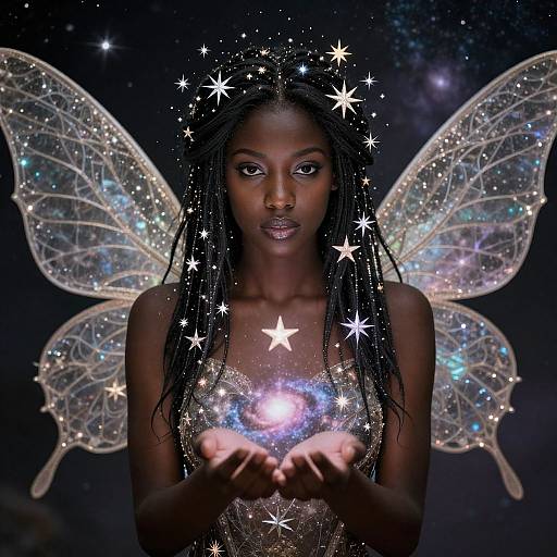 Photograph of a dark-skinned woman with long braids, glowing fairy wings, and starry aura, holding a magical, glowing orb. Dark
