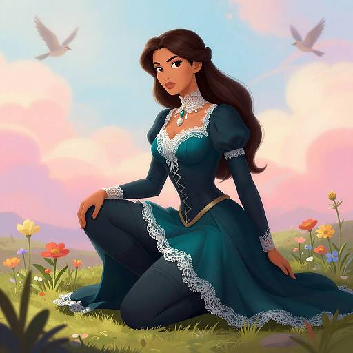 Digital illustration of a dark-haired woman in a blue, lace-trimmed dress kneeling in a colorful, flower-filled meadow under a pastel sky