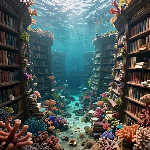 Surreal Victorian Library Underwater Paradise